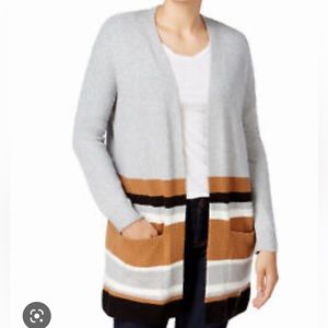 Style & Co. Cardigan Sweater. Color Block Stripe Heather Grey/Brown/Black/White